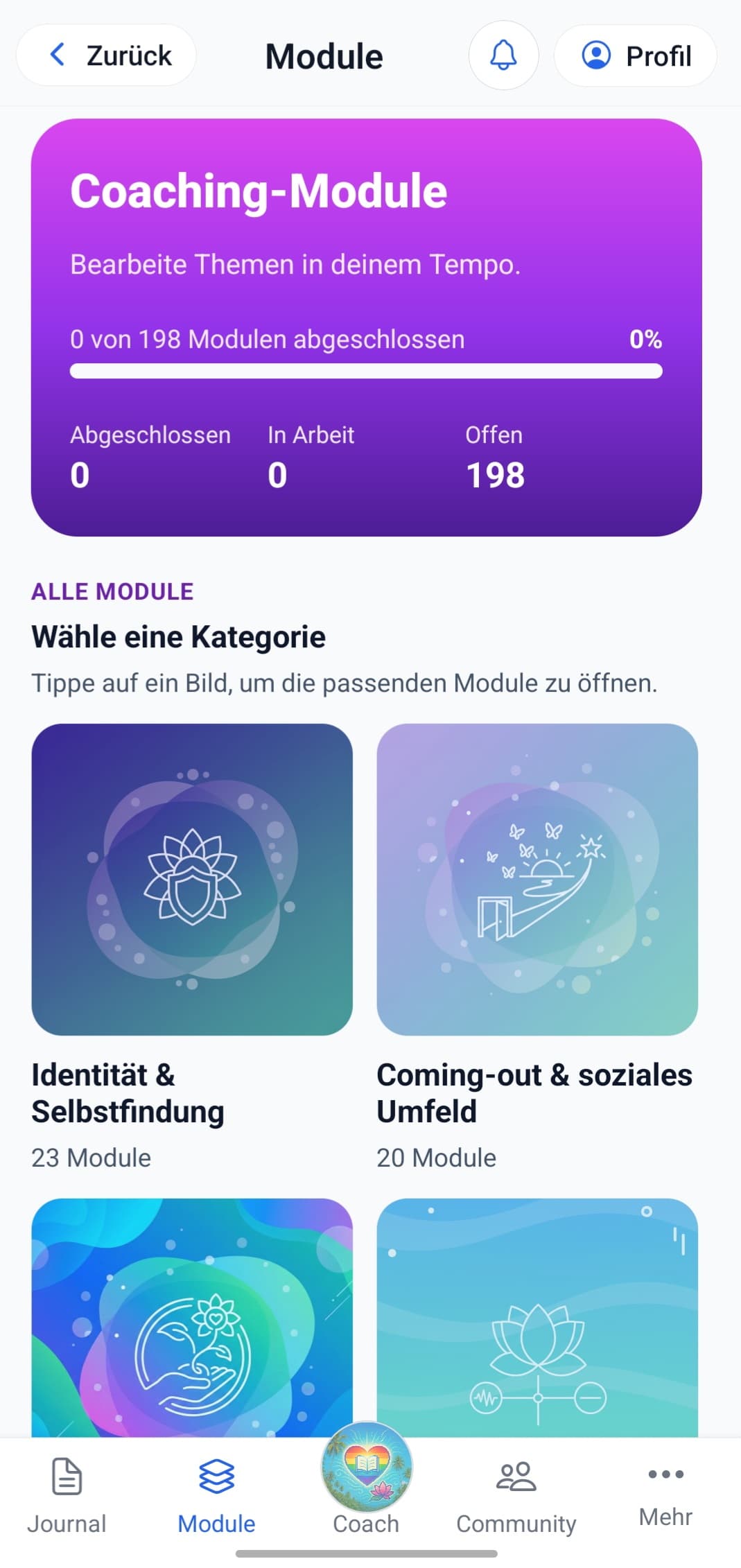 Screenshot der QueerMind-Modulübersicht mit mehreren Karten