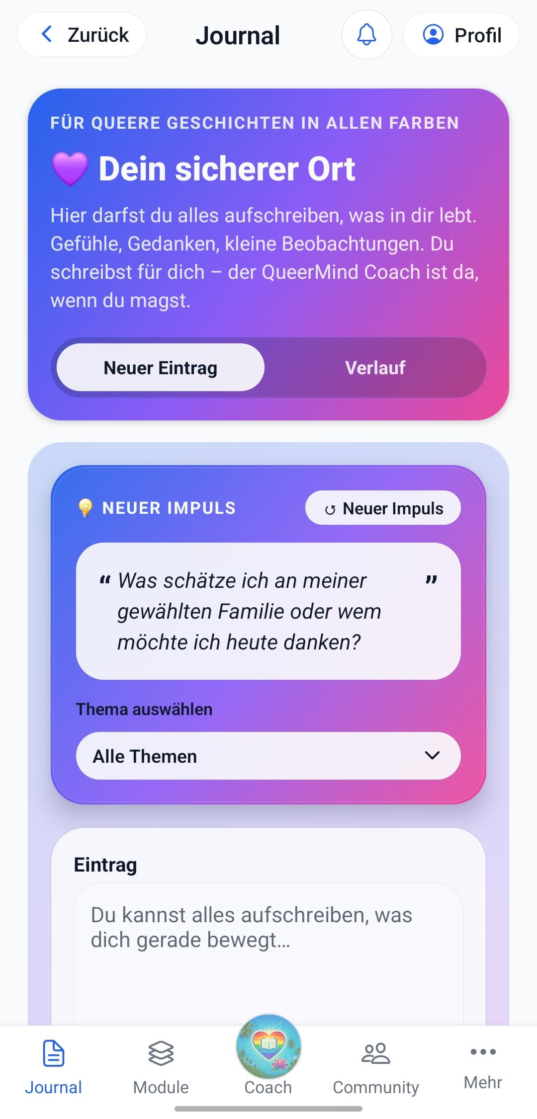 Screenshot des QueerMind-Journals mit Impulsfrage und Navigation